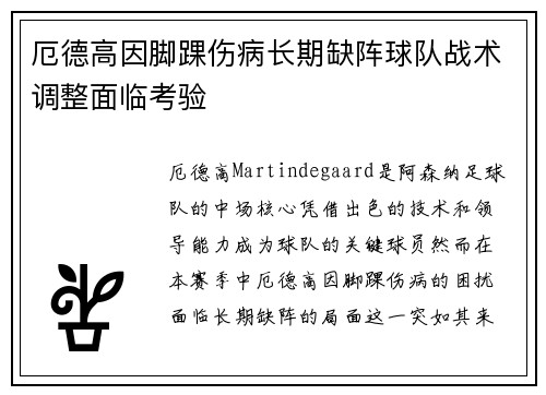 厄德高因脚踝伤病长期缺阵球队战术调整面临考验
