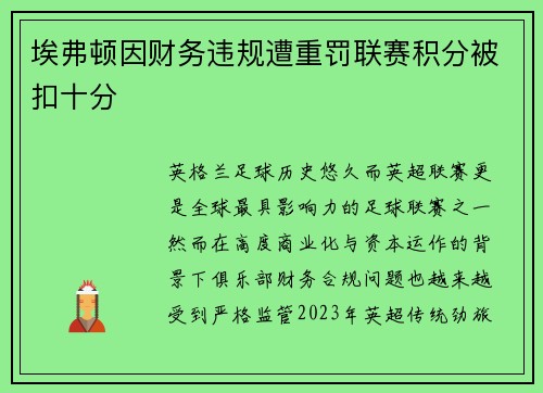 埃弗顿因财务违规遭重罚联赛积分被扣十分